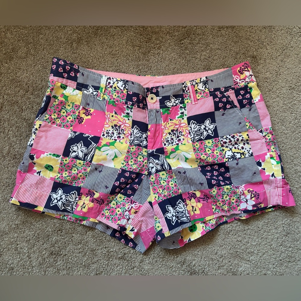 🎉🌈 VGUC Lilly Pulitzer Patchwork Shorts Size 14 Pink Navy Yellow Green White